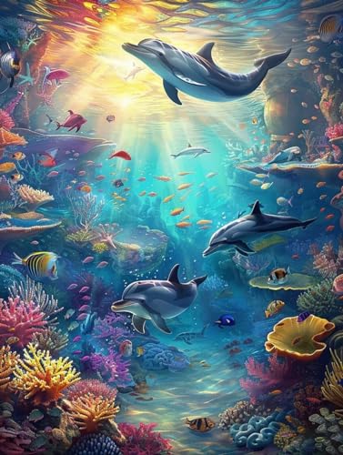 Waxonle Ozean Diamond Painting, 5D DIY Diamond Painting Bilder Delfin Diamant Painting Erwachsene XXL 50x70cm, Diamond Art Basteln Kinder Stickerei Paintings, Zimmer Deko, Geschenke für Frauen von Waxonle