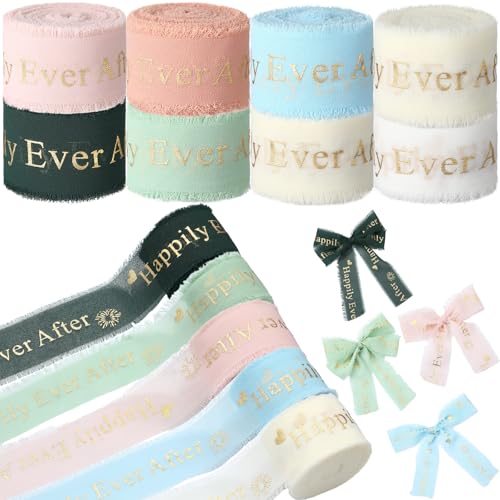 Waydress Chiffon-Seidenband, 9,1 m x 8 Rollen, handgefertigt, ausgefranstes Stoffband, Satin-Chiffonband, bedruckt mit Happily Ever After für Hochzeitseinladung, Brautstrauß, Geschenkverpackung, DIY von Waydress