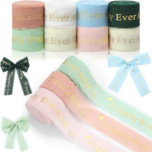 Waydress Chiffon-Seidenband, 9,1 m x 8 Rollen, handgefertigt, ausgefranstes Stoffband, Satin-Chiffonband, bedruckt mit Happily Ever After für Hochzeitseinladung, Brautstrauß, Geschenkverpackung, DIY von Waydress