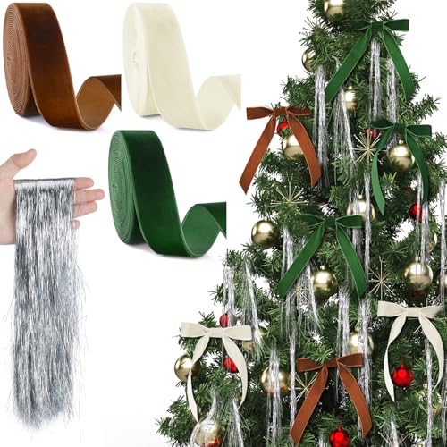 Waydress Weihnachtsbaumschmuck, 2,5 cm Samtbandrolle und 2000 Stränge, silbernes Eiszapfen-Lametta, Samt-Weihnachtsschleifen, Dekoration für Weihnachten, Zuhause, Party, Hochzeit, Outdoor (klassische von Waydress