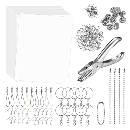 Wayfadacc Schrumpfblatt-Set, Schrumpffolienpapier mit Buntstiften, Schlüsselanhängerloch für Schlüsselanhänger, Ohrringe, Schmuckherstellung von Wayfadacc