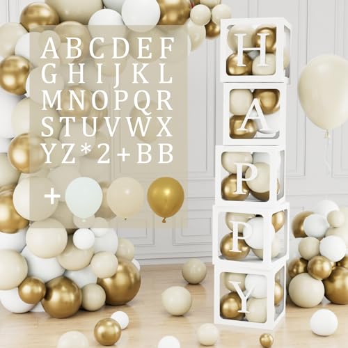 104Pcs Babyparty Box Deko für Mädchen Junge, 5pcs Transparente Luftballon Boxen mit 54 Buchstaben (B+A-Z*2), 45 Luftballon Sand Weiß Gold, Baby Ballon Boxen für Baby Shower, Babyparty, Geburtstag Deko von Wayfun