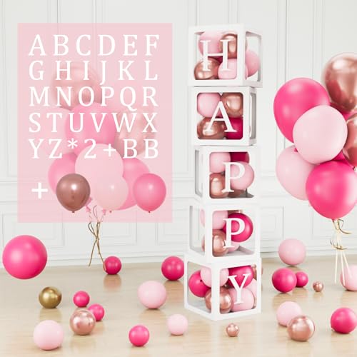 104Pcs Babyparty Box Deko für Mädchen, 5 Transparente Ballonbox mit 54 Buchstaben (B+A-Z*2), 45 Luftballons Rosa Gold, Baby Luftballon Boxen für Baby Shower, Babyparty, Geburtstag Deko, Gender Reveal von Wayfun