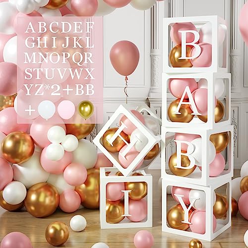 105 Babyparty Box Deko Mädchen,Rosa Baby Shower Deko Box,6 Luftballon Box mit 54 Buchstaben(BABY+A-Z) und Luftballons Rosa Gold Weiss für Babyparty Deko,Babyshower Deko,Geburtstags,Baby Party,DIY Name von Wayfun