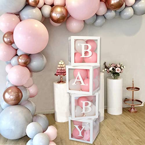 Baby Shower Boxen Party Deko, 4Pcs Weiße Transparente Luftballoon Boxen mit BABY Buchstaben für Mädchen Jungen Babyparty, Geburtstag Party, Themen Party Boxen Hintergrund Dekoration von Wayfun