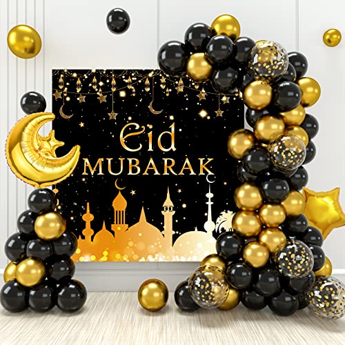 Eid Mubarak Dekoration, 70 Stück Schwarz Gold Ramadan Mubarak Ballons Set und Mond,Stern,'eid mubarak' Hintergrund Banner,Schwarz Gold Ramadan Ballons für Ramadan Mubarak Dekoration und Eid Dekoration von Wayfun