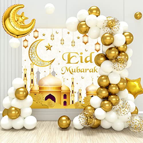 EID Mubarak Dekorationen für Home, 70Pcs Weiße und Goldene Luftballons Bogen Girlande Kit mit Mond,Stern,White Gold Luftballons,Eid Mubarak Hintergrund für Ramadan Dekorationen,Eid Dekorationen von Wayfun