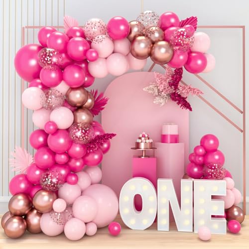 Luftballon Girlande Rosa, Luftballons Fuchsia Pink Rosa Set mit Gold Konfetti Ballons, Macaron Pinke Ballon Girlande für Mädchen Frauen Geburtstag, Hochzeit, Babyparty, Baby Shower, Taufe,Party Deko von Wayfun