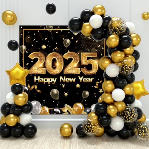 Neujahr 2025 Dekoration Ballon, 100 Stück Luftballons Girlande Schwarz Gold Weiß mit "Happy New Year" Hintergrundbanner, Schwarz Gold Neujahr Dekoration für 2025 Neujahr Partydeko, 2025 Silvester Deko von Wayfun