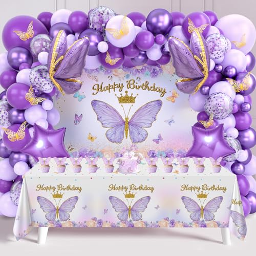 Purple Balloon Geburtstagsdeko Lila, Lila Schmetterling Geburtstag Deko, Violett Geburtstagsdeko Mädchen mit Lila Luftballons, Happy Birthday Hintergrund, Kucheneinsatz,Tischdecke für Frauen Mädchen von Wayfun
