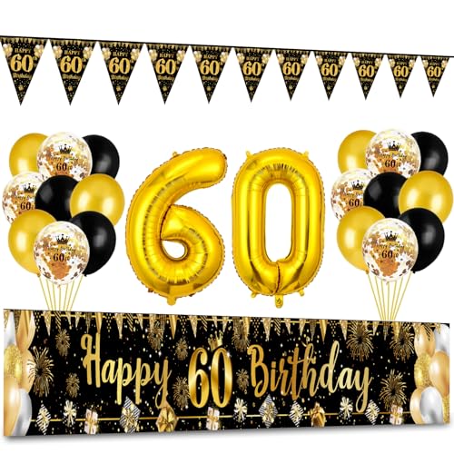 60 Geburtstag Deko, Waylipun Schwarz Gold 60 Happy Birthday Banner , Luftballons 60 Geburtstag Wimpel Girlande, Deko 60. Geburtstag Hintergrund Ballons für Jungen Mädchen Party Deko von Waylipun