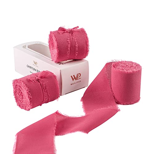 Waylipun 3 Rollen 5cm x 6.4M Geschenkband Schleifenband, Hochzeit Festival Bänder, Chiffonband Dekoband zum Verpacken von Geschenken, Blumensträuße, Hochzeitseinladung, DIY Handwerk - Rosenrosa von Waylipun