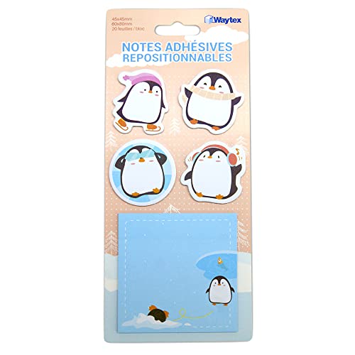 WAYTEX 931666 Haftnotizen, wiederverwendbar, Motiv: niedliche Tiere, auf Ständer, 4 Mini-Blöcke in Pinguin-Form und 1 quadratischer Block 8 x 8 cm, Pinguin, 100 Stück von Waytex