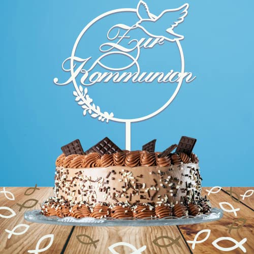 Tortendeko Kommunion,1 Stück Zur Kommunion Cake Topper Taufe Holz & 36 Pcs Holz Fische Kuchen Deko,Torten Topper Kommunion Dekoration für Junge Mädchen von Wayxmax