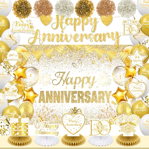 Happy Anniversary Decorations Kit Gold Glitter Wedding Anniversary Banner Balloons Table Honeycomb Centerpieces Hanging Swirls Tissue Paper Pompon Decor for Men Women Golden Anniversary Party Supplies von Wayyogh