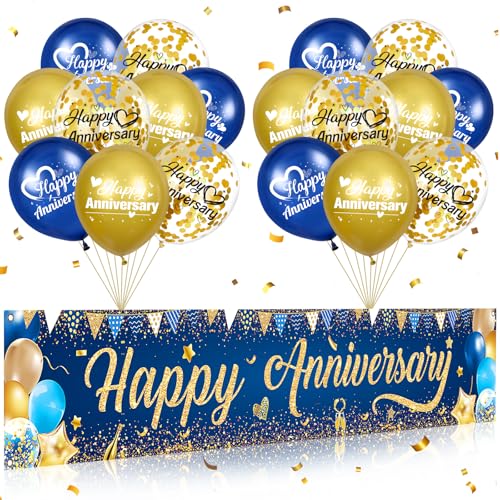 Happy Anniversary Dekorationen Banner Marineblau Gold Happy Anniversary Yard Banner Schild mit 18pcs Happy Anniversary Luftballons Konfetti Set für Männer Frauen Hochzeitstag Party Supplies Dekor von Wayyogh