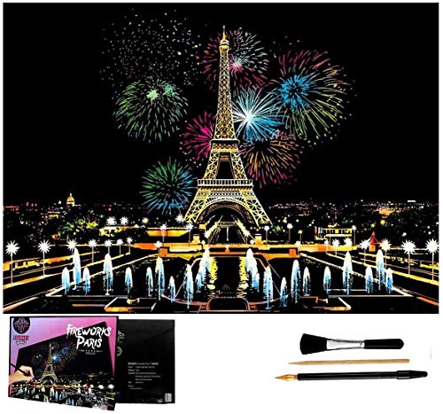 Scratch Art Rainbow Malpapier, Skizzenblock DIY Night View Scratchboard für Kinder & Erwachsene, Gravur Art & Craft Set, Scratch Painting, 16 '' x 11,2 '' mit 3 Werkzeugen (Pariser Feuerwerk) von Wbeng