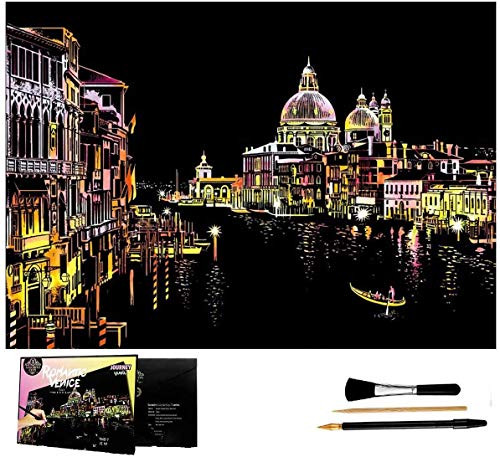 Scratch Art Rainbow Malpapier, Skizzenblock DIY Night View Scratchboard für Kinder & Erwachsene, Gravur Art & Craft Set, Scratch Painting, 16 '' x 11,2 '' mit 3 Werkzeugen (Wasserstadt Venedig) von Wbeng