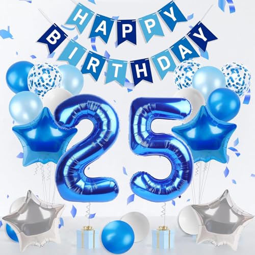 Happy 25th Birthday Dekorationen für Frauen Männer, Blau 25 Ballon Zahlen 40 Zoll, Blau Happy Birthday Banner, 25 Geburtstag Luftballons für Blau Geburtstag Dekorationen von Wclliuchi