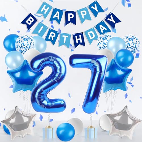 Happy 27th Birthday Dekorationen für Frauen Männer, Blau 27 Ballon Zahlen 40 Zoll, Blau Happy Birthday Banner, 27 Geburtstag Luftballons für Blau Geburtstag Dekorationen von Wclliuchi