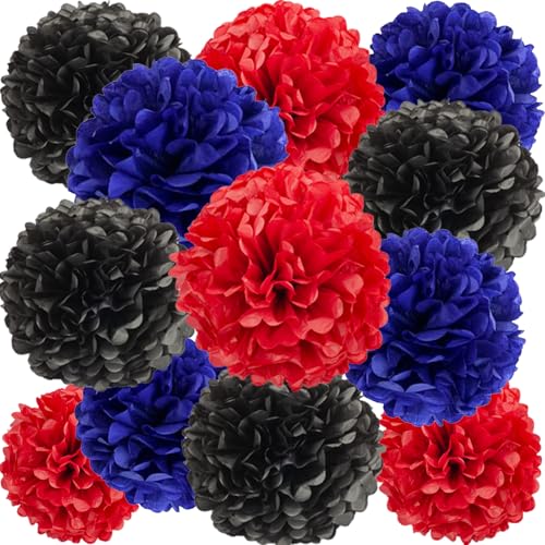 12 Stück Papier Pompons Set,Schwarz Blau Rot Pom Poms Papier für Junge Geburtstagsfeier Dekoration von We Moment Zone