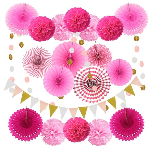 Rosa Party Dekoration Papier - Pompoms, Aufhängen Fächer, Dreieckige Wimpel und hängende Glitter Punkt Papier Girlande für Party Hochzeit Geburtstag Graduierung Deko Weihnachten Karneval 20 Stück von We Moment Zone