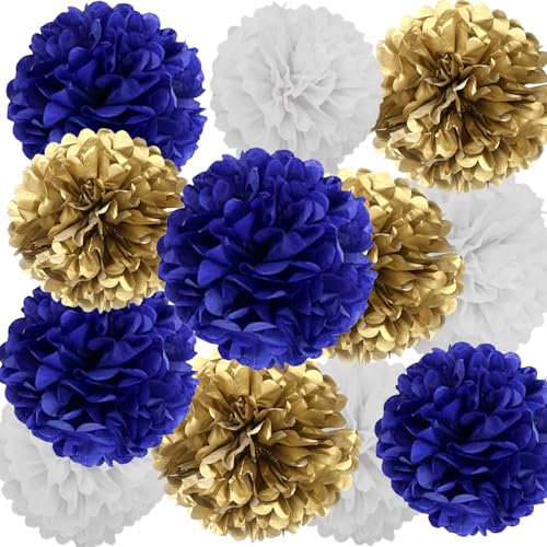 We Moment Zone 12 Stück Papier Pompons Set,Blau Gold Weiß Pom Poms Papier für Geburtstag Abschluss Party Deko von We Moment Zone