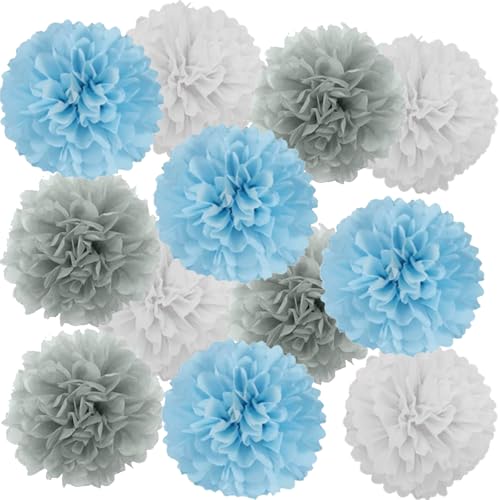 We Moment Zone 12 Stück Papier Pompons Set,Blau Grau weiß Pom Poms Papier für Babyparty Deko Junge, Baby Shower Deko Boy von We Moment Zone