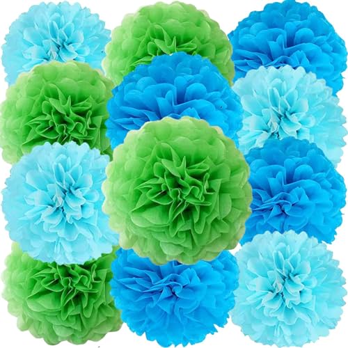 We Moment Zone 12 Stück Papier Pompons Set,Blau Hellblau Grün Pom Poms Papier für Baby Jungen und Mädchen Geburtstag Party Deko von We Moment Zone