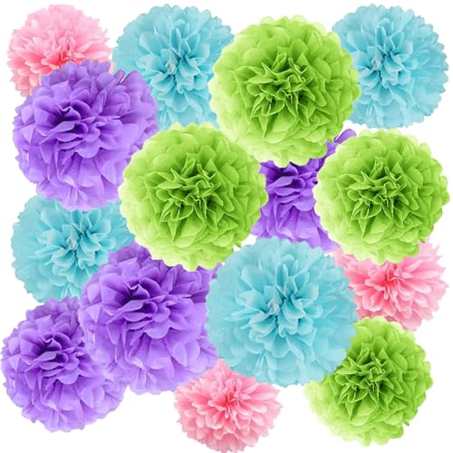 We Moment Zone 12 Stück Papier Pompons Set,Blau Violett Grün Pink Pom Poms Papier für Jungen und Mädchen Geburtstag Party Deko von We Moment Zone