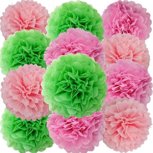 We Moment Zone 12 Stück Papier Pompons Set,Rosa Hellrosa Grün Pom Poms Papier für Baby Jungen und Mädchen Geburtstag Party Deko von We Moment Zone