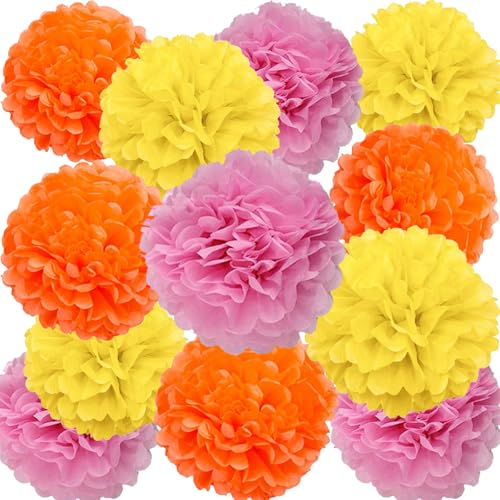 We Moment Zone 12 Stück Papier Pompons Set,Rosa Orange Gelb Pom Poms Papier für Geburtstag Hochzeit Party Deko von We Moment Zone