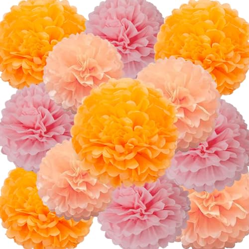 We Moment Zone 12 Stück Papier Pompons Set,Rosa Orange Pfirsich Pom Poms Papier für Baby Jungen und Mädchen Geburtstag Party Deko von We Moment Zone