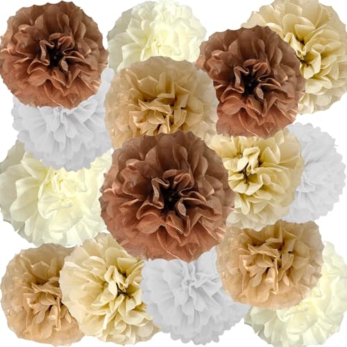 We Moment Zone Boho Hochzeit Deko,15 Stück Braun Creme Papier Pompons,Beige Weiß Pompoms c von We Moment Zone