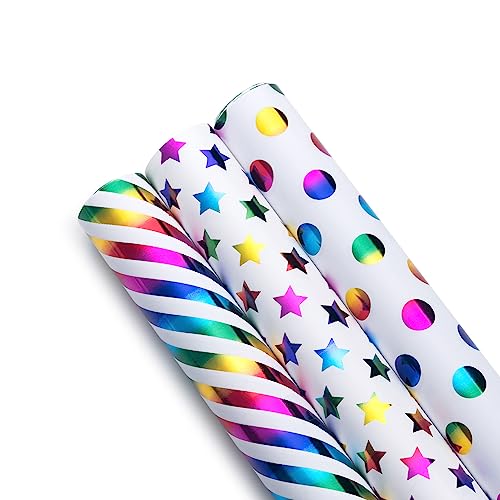 We Moment Zone Regenbogen Hochwertiges Geschenkpapier,Bunt Punkten/Streifen/Pentagramm Geschenkpapierrolle Verpackungspapier für Geburtstag Party-3 Rollen (43x3M pro Rolle) von We Moment Zone