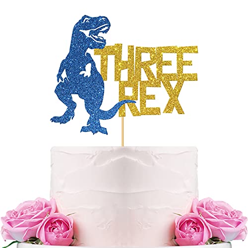 WeBenison Dinosaurier Three Rex Cake Topper / Happy 3rd Birthday Cake Topper / Drei Jahre alt für Junge / Dinosaurier Geburtstag Party Dekorationen Gold & Blau Glitzer von WeBenison