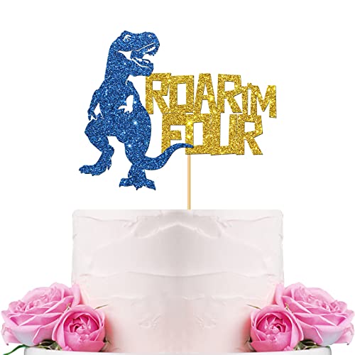 WeBenison Roar I'm Four Cake Topper / Dinosaurier Thema 4 Geburtstag Cake Topper / Vier Jahre alt für Jungen / Dinosaurier Geburtstag Party Dekorationen Gold & Blau Glitzer von WeBenison