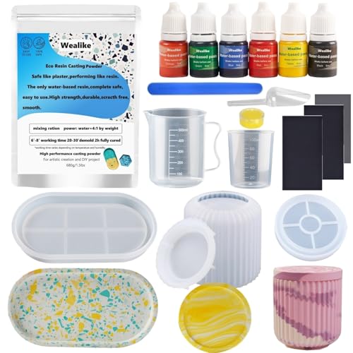 Wealike Gießpulver-Starter-Set,Enthält Keramik Gießpulver weiß 680g,Silikonformen,Grundfarben, Schleifpapier,Mischbecher,20–30 Minuten entformt,ungiftig,für DIY Geschenkidee – (Terrazzo-Tablett) von Wealike