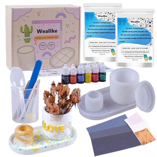 Wealike Gießpulver Starter Set,Diy Keramik Gießpulver Set Erwachsene,Enthält Gießpulver Weiß1360g,Silikonformen, Grundfarben,Schleifpapier,Mischbecher usw.30 Minuten entformt,für kreative Projekte von Wealike