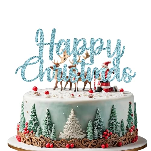 WedDecor Festive Baby Blue Cake Topper Merry Christmas – Design 2, doppelseitige Glitzer-Weihnachts-Party-Dekorationen, Weihnachts-Dessert-Picks, Kuchendekoration für Winter- und Frozen-Feiern von WedDecor