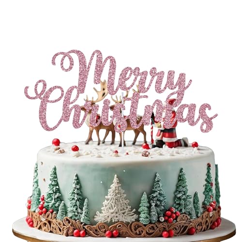 WedDecor Festive Baby Pink Cake Topper Merry Christmas – Design 3| Doppelseitiger Glitzer, Weihnachtsdekoration, Weihnachtsdessert-Picker, Kuchendekoration für Winter- und Frozen-Themenfeiern von WedDecor