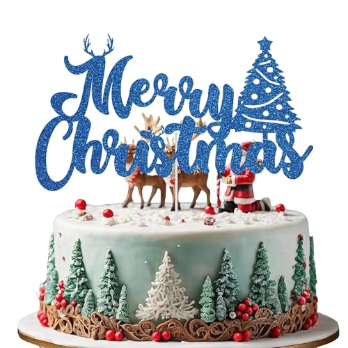 WedDecor Festlicher blauer Tortenaufsatz "Merry Christmas" – Design 1, doppelseitige Glitzer-Weihnachts-Party-Dekorationen, Weihnachts-Dessert-Picks, Kuchendekoration für Winter- und Frozen-Feiern von WedDecor