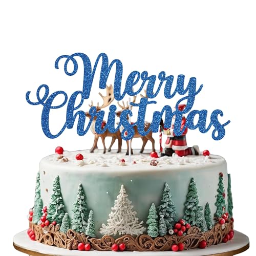 WedDecor Festlicher blauer Tortenaufsatz "Merry Christmas" – Design 3, doppelseitige Glitzer-Weihnachts-Party-Dekorationen, Weihnachts-Dessert-Picker, Kuchendekoration für Winter- und Frozen-Feiern von WedDecor