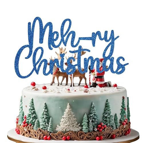 WedDecor Festlicher blauer Tortenaufsatz "Merry Christmas" – Design 6, doppelseitige Glitzer-Weihnachts-Party-Dekorationen, Weihnachts-Dessert-Picker, Kuchendekoration für Winter- und Frozen-Feiern von WedDecor