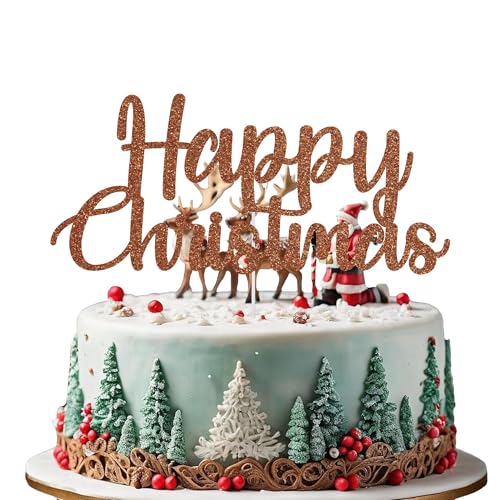 WedDecor Festlicher brauner Tortenaufsatz "Merry Christmas" – Design 2, doppelseitige Glitzer-Weihnachts-Party-Dekorationen, Weihnachts-Dessert-Picker, Kuchendekoration für Winter- und Frozen-Feiern von WedDecor