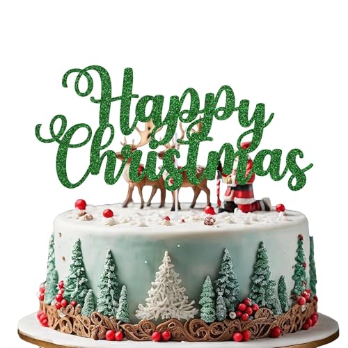 WedDecor Festlicher grüner Tortenaufsatz "Merry Christmas" – Design 5, doppelseitige Glitzer-Weihnachts-Party-Dekorationen, Weihnachts-Dessert-Picker, Kuchendekoration für Winter- und Frozen-Feiern von WedDecor