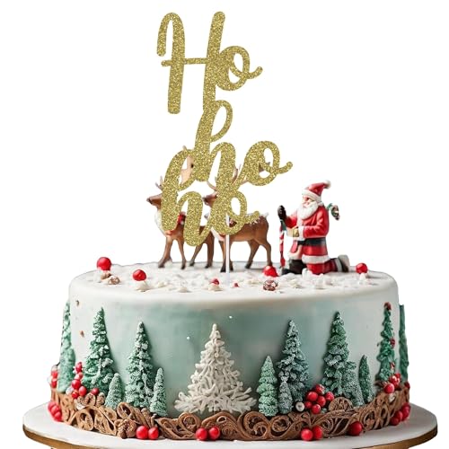 WedDecor Festlicher hellgoldener Tortenaufsatz Ho Ho Ho – Design | doppelseitige Glitzer-Weihnachts-Party-Dekorationen, Weihnachts-Dessert-Picks, Kuchendekoration für Winter- und Frozen-Feiern von WedDecor