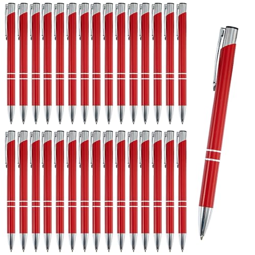 WedDecor Kugelschreiber aus Aluminium, schwarze Tinte, einziehbar, bunt, edle Geschenke für Geburtstag, Büro, Aluminium, feine Spitze und schwarze Tinte, mit schwarzer Tasche, Rot, 30 Stück von WedDecor