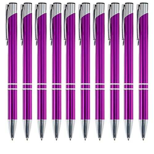 WedDecor Kugelschreiber aus Aluminium, schwarze Tinte, einziehbar, bunt, edle Geschenke für Geburtstag, Büro, Aluminium, feine Spitze und schwarze Tinte, mit schwarzer Tasche, Violett, 10 Stück von WedDecor