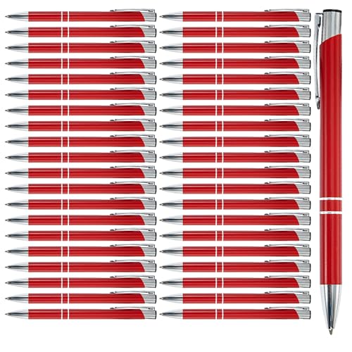 WedDecor Kugelschreiber aus Aluminium, schwarze Tinte, einziehbar, bunt, edles Geschenk für Geburtstag, Büro, Aluminium, feine Spitze und schwarze Tinte, mit schwarzer Tasche, Rot, 50 Stück von WedDecor